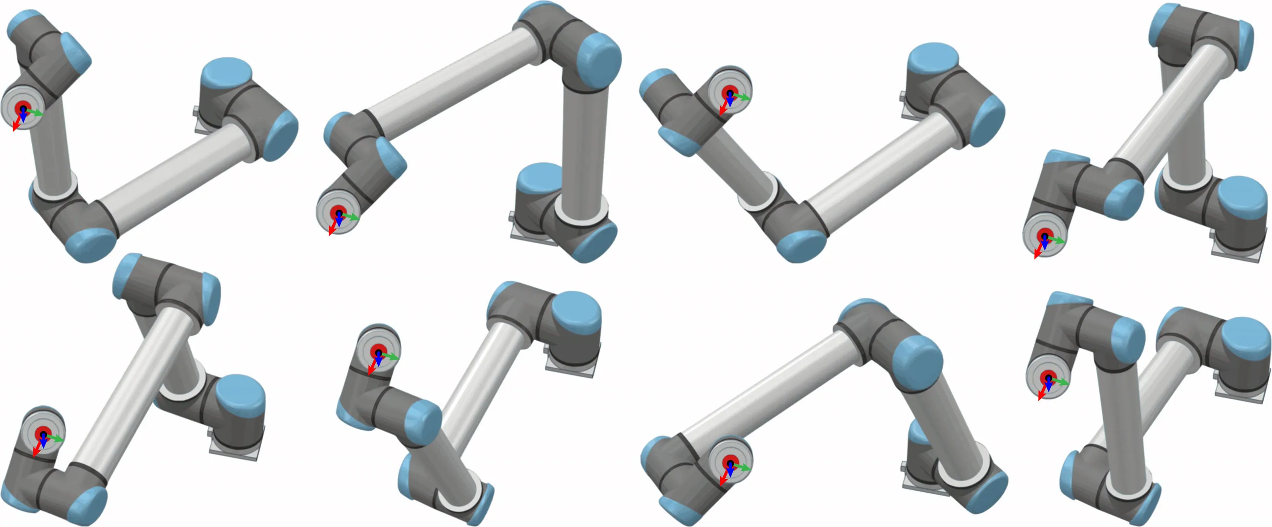 The eight inverse-kinematics solutions for a single end-effector pose